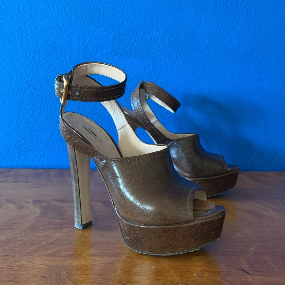 Miu Miu platform heels, brown leather and peep toe